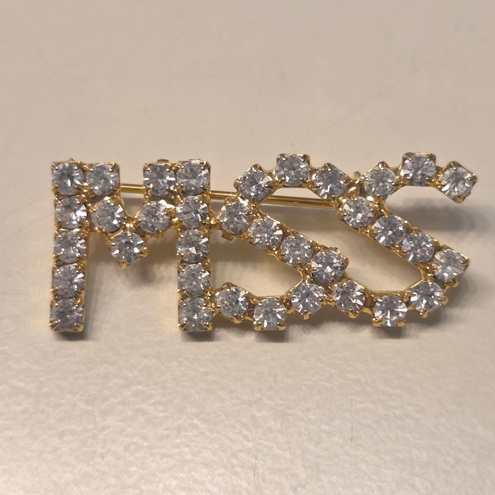 Gold Tone Rhinestone Letters MSS Brooch Pin Women Statement Accessory